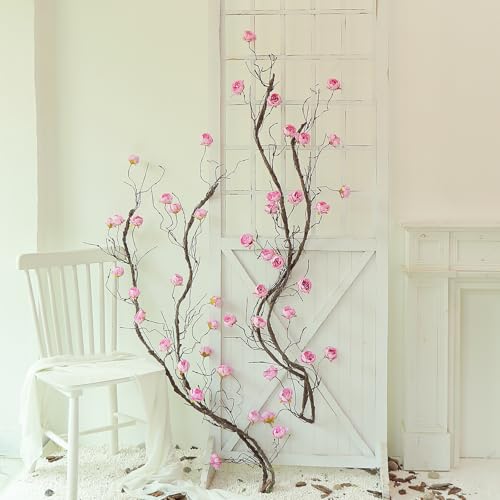 1PCS 300cm/118inch Large Flexible Artificial Tree Fall Vines Twine Wood Branches with Peony Flowers Garland Twig Reptile Climbing Fake Plants for Wedding Arch Christmas Wall Door Hanging Decoration