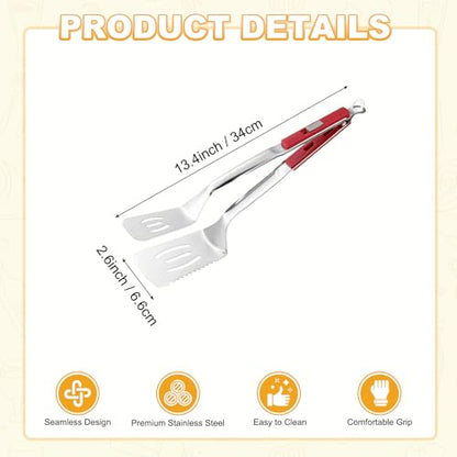 M METERXITY Spatula Tongs, 13.4 Inch 304 Stainless Steel Anti-Scald Extended Serrated Multifunctional Flipper Grill Clamp for Cooking/Barbecue, Kitchen Cooking Tong [Red Handle, Silver Tone] - color: Red Handle, Silver Tone