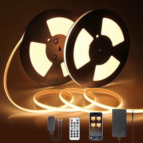 65.6FT 24V Dimmable COB LED Strip Light Waterproof Outdoor Warm White 6000K High Density 320LED/M Bluetooth Flexible LED Tape Light with Remote for Bedroom Cabinets Garden CRI90+ (20M/2roll) - color: Warm White, size: 20M