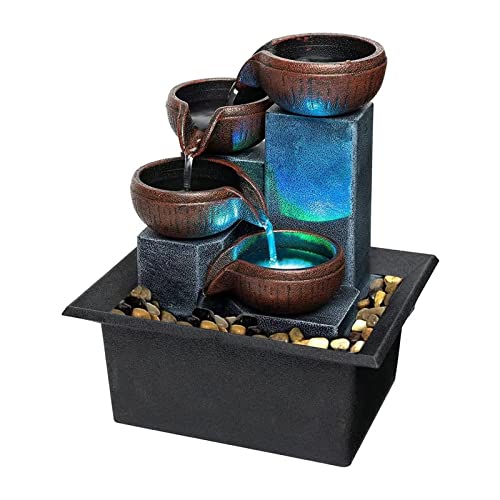 Small Indoor Relaxation Tabletop Fountain, Zen Meditation Waterfall Feature with Color LED Light & Natural Rocks, 4 Level Desk Waterfall for Home Office Bedroom Living Room Decoration (Style 1) - color: Style 1