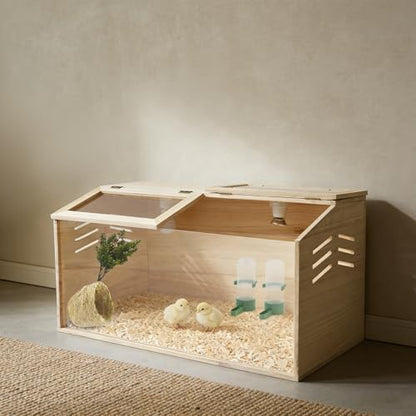 Quail Brooder Box, Soild Wood Brooder Box, Intelligent Breeding Boxes with Automatic Water Feeder Thermometer & Hygrometer Complete Set for Chicks Quail Birds Small Reptile Animals