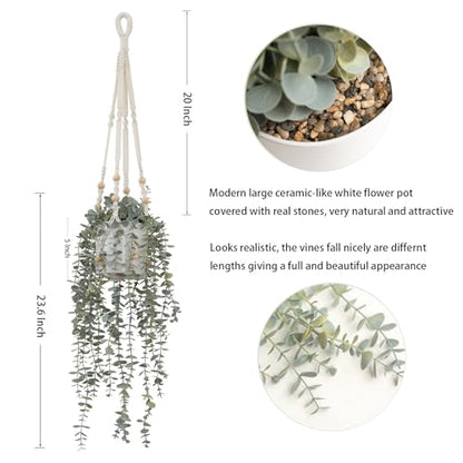 Decorative Hanging Plants for Shelf, Faux Ivy Eucalyptus Vine, Fake Greenery in White Pot (Extra Large) - size: X-Large