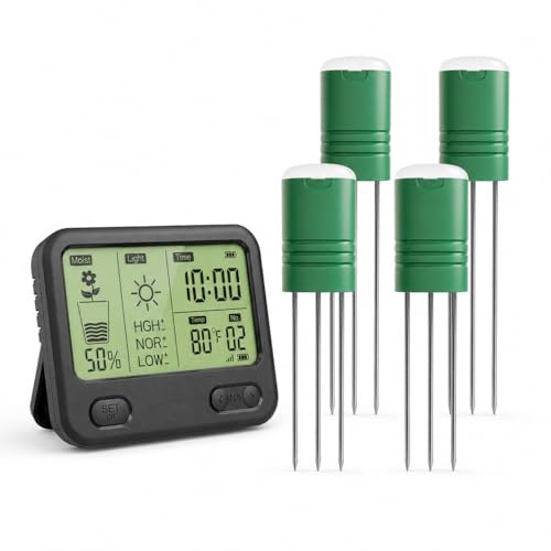 Soil Moisture Meter for Plants, 12-Zone Wireless Plant Water Meter, Soil Thermometer and Light Sensor, 4-in-1 TDR Tester, 230ft Range, IPX5 Waterproof for Indoor Outdoor Garden Lawn (Display+4 Sensor) - color: Display+4 Sensor