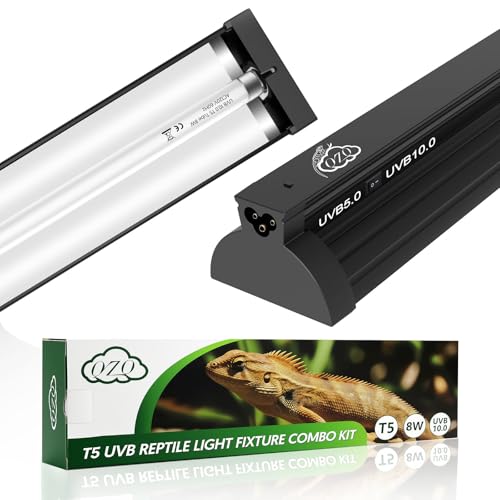 QZQ T5 UVB Reptile Light Fixture Combo Kit 8W, UVB Light for Reptiles with Switchable 5.0 & 10.0 UVB Output, Terrarium Hood Lamp for Bearded Dragon, Snake, Gecko, Tortoise, Lizard - size: 8W-5.0&10.0-12.4IN