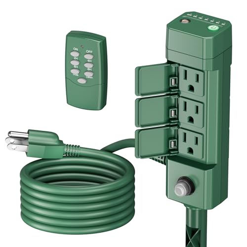BN-LINK Outdoor Power Stake Timer, 100FT Wireless Remote Control, Dusk to Dawn Sensor for Outdoor Lights, 6 Grounded Outlets, 6ft Extension Cord, 1875W/15A,Christmas Decorations, ETL Listed - size: With Remote-Photocell