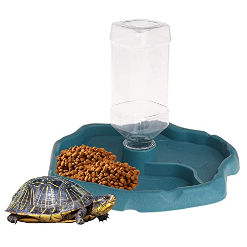Automatic Reptile Feeder,Reptile Food and Water Dish Bowl,2 in 1 Tortoise Turtle Water Dispenser,Reptile Water Dish with Bottle for Bearded Dragon Gecko Lizard(Blue)