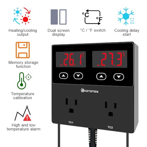 KETOTEK KT99pro Dual Digital Temperature Controller Outlet 10A Relay Heating Coolling Thermostat Controlled Socket with Sensor for Reptile Brewing Fermentation Breeding Incubation Greenhouse