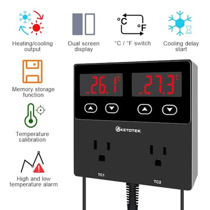 KETOTEK KT99pro Dual Digital Temperature Controller Outlet 10A Relay Heating Coolling Thermostat Controlled Socket with Sensor for Reptile Brewing Fermentation Breeding Incubation Greenhouse
