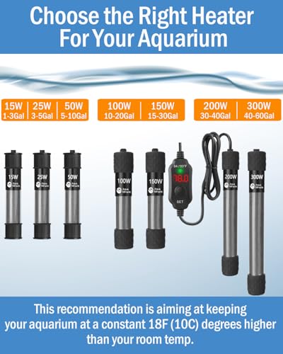 AquaMiracle Aquarium Heater 15W Fish Tank Heater for 1-3 Gal Tanks, LED Digital Display Thermostat Turtle Heater with Out-of-Water Auto Shut-Off, Overheat Protection & Memory Function - size: For 1-3 Gal Tank