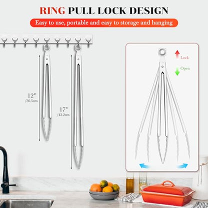 Grill Tongs - 12 Inch & 17 Inch Extra Long BBQ Tongs, Heat Resistant Stainless Steel Kitchen Tong, Heavy Duty Metal Locking Tong for Cooking, Grilling, BBQ/Barbecue, Food (All Metal - 12"+17") - color: All Metal - 12"+17"