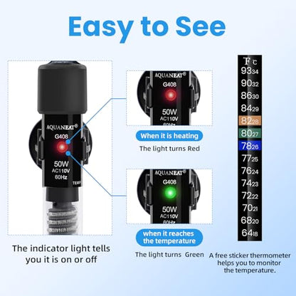 AQUANEAT Aquarium Heater, 50W Small Betta Fish Tank Heater, Mini Preset Water Thermostat with a Thermometer - size: 50W