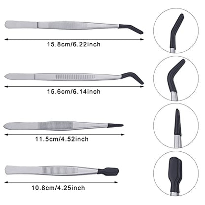 DragonflyDreams 4 Pieces Tweezers with Rubber PVC Coated Set, Straight Tip Tweezers Rubber Flat Tip Long Bent Tweezer for Crafts Stamps Beads Jewelry Tools (Rubber Tweezer)