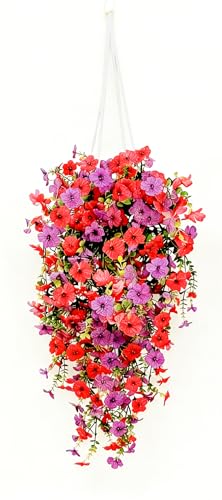Artificial Flowers for Outdoors Fake Hanging Plants with Pot, 4pcs Silk Colorful Flowers UV Resistant Realistic Hanging Planter Faux Flower for Outside Porch Patio Home Garden Yard Decoration - size: 1 PACK - Fake Flowers