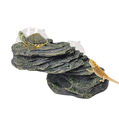 kathson Turtle Basking Platform with Suction Cup Tortoise Climbing Rest Terrace Resin Step Decoration Reptile Habitat Rock Decor for Frogs,Lizards,Geckos,Bearded Dragon-L - style: Slope