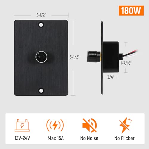 12 Volt PWM LED Dimmer Switch 15A 180W, Push On Off, Rotary Knob Dimming,12V 24V Light Dimmer for RV Boat Truck Camper Van Trailer Light Fixtures, LED Strip Light (Black Panel) - color: Black