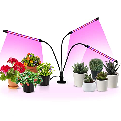 iPower LED Grow Light with Full Spectrum for Indoor Plants, Adjustable Gooseneck, 2/3 Light Modes&5/10 Dimmable Levels, 3 Auto Timing Modes, 3 Tubes, Red&Blue - color: Red&Blue, size: 3 Tubes, style: Gooseneck
