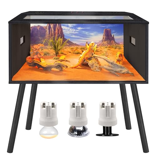 Prolee 63 Gallon Reptile Tank, Tempered Glass Bearded Dragon Tank with Wooden Roof and Lockable Doors, Large Lizard Habitat with Built-in Lamp Fixture for Snakes, Iguanas, Chameleons (Black) - color: Black, size: 63 gallons,40x20x20 inch