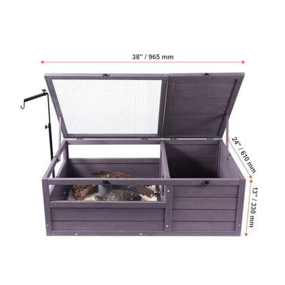 Happybuy Tortoise Habitat, Wooden Tortoise House Indoor & Outdoor, Tortoise Enclosure with Adjustable Lamp Holder, 2-Room Reptile Enclosure Small Animal Cage for Gecko, Lizard, Snake 38x24x13 inch