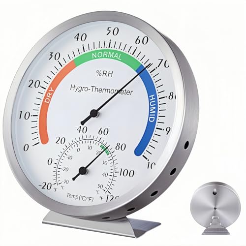 Hygro-Thermometer Stainless Steel 5 Inch Colorful Dial Indoor Outdoor Hygrometer Thermometer Analog Hygrometer Thermometer Humidity Temperature Indicator for Home, Office, Garden, Patio, Warehouse