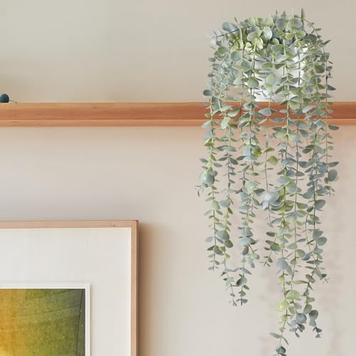 Decorative Hanging Plants for Shelf, Faux Ivy Eucalyptus Vine, Fake Greenery in White Pot with Lanyard (Full, Large Pot) - size: Large