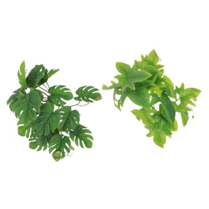 BESPORTBLE 2pcs Artificial Hanging Plant Pendant with Suction Cup for Reptile Terrarium Habitat Decor, 46 Leaves Monstera and Sweet Potato Vine Simulated Plastic Plants for Amphibians