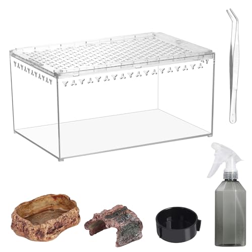 Reptile PC Terrarium 11.8" x 7.87" x 5.9" Full View Enclosure for Reptiles Geckos Tarantulas Spiders Insects with Hide Cave Feeding Bowl (L-Starter Kit) - size: L-Starter Kit