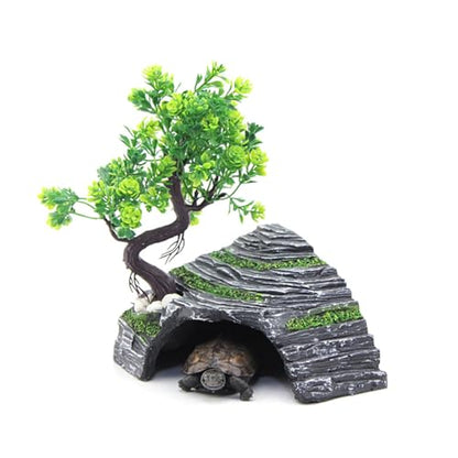 Reptile Box Shelter Terrarium Hideout Caves Turtle Ramp Basking Platform Habitat Decor Humidify Hide Cave Resin Rock - size: M