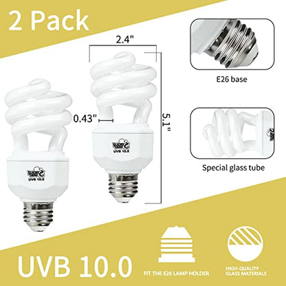 LUCKY HERP 2 Pack UVA UVB Reptile Light, 15W 10.0 UVB Bulb for Desert Reptiles, Compact Fluorescent Terrarium Lamp, Reptile UVB Bulb for Bearded Dragon, Lizard, Tortoise - size: 15&10.0