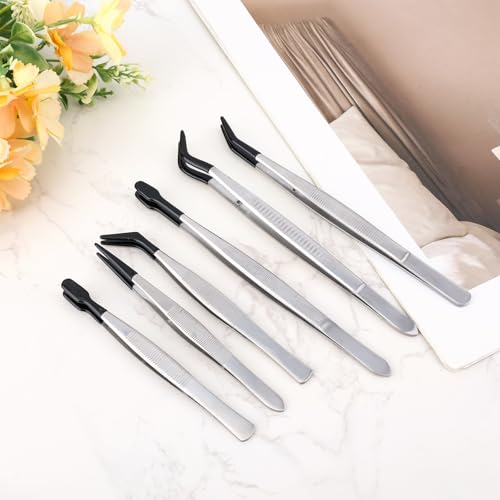 6pcs Rubber Tip Tweezers, Long Tweezers Bent Pointed Tipped Hobby Tweezer for Crafts Jewelry Making Plastic Silicone Sticker Seed Stamp Collecting Entomology Mosaic Ear Nail Supplies - style: Set 4