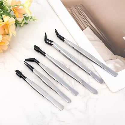 6pcs Rubber Tip Tweezers, Long Tweezers Bent Pointed Tipped Hobby Tweezer for Crafts Jewelry Making Plastic Silicone Sticker Seed Stamp Collecting Entomology Mosaic Ear Nail Supplies - style: Set 4