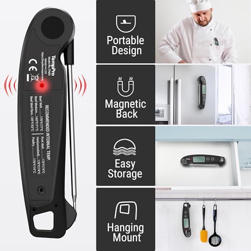 TempPro TP605 Instant Read Meat Thermometer for Cooking, Waterproof Digital Food Thermometer with Large Backlit LCD, Kitchen Thermometer for Grilling, Smoking & Candy Making (Previously ThermoPro) - color: Black
