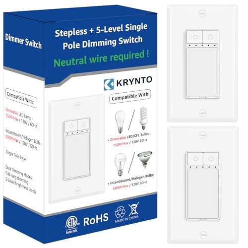Single Pole Dimmer Light Switch, Neutral Wire Required, Work with LED/CFL (150W Max) & Halogen/Incandescent (600W Max), Rocker Dimmer Switch,5 Brightness Levels, ETL/FCC Certified, 2-Pack - color: Single-Pole Push Dimmer