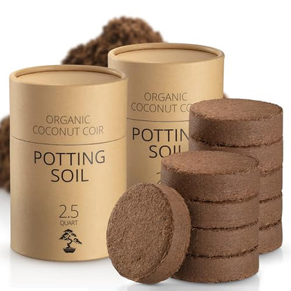 Coconut Coir Potting Soil for Indoor Plants - Expands to 5 Quart (11 lb) | Bonsai Soil Discs Perfect for General Houseplants, Herbs, and Bonsai Trees - Expands with Water - size: 5 Quart