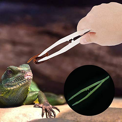 Glow in The Dark Reptile Feeding Tongs 10.6 Inch, Stainless Steel Tweezers with Rubber Tip, Long Curved & Straight Feeder Tool Kit for Bearded Dragon Snake Lizard Terrarium Accesso