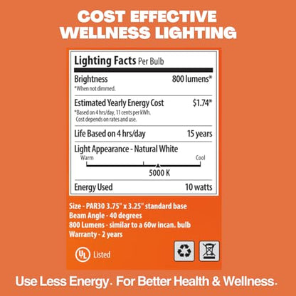 NorbSMILE PAR30 Full Spectrum Light Bulb | CA Energy Compliant Long Neck LED Bulb & 10W 800 Lumens | 5000K Daylight White, CRI 96+ & Dimmable | Supports Energy, Mood & Circadian Rhythm | US Patented - style: Smile 10W PAR30 (1 Pack)