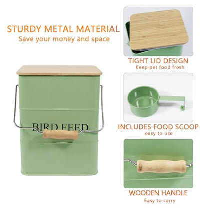 Morezi Bird treat and food storage tin with wooden lid and scoop included - green powder - carbon steel - birds food bin - pet food container storage canister - color: Green wood lid