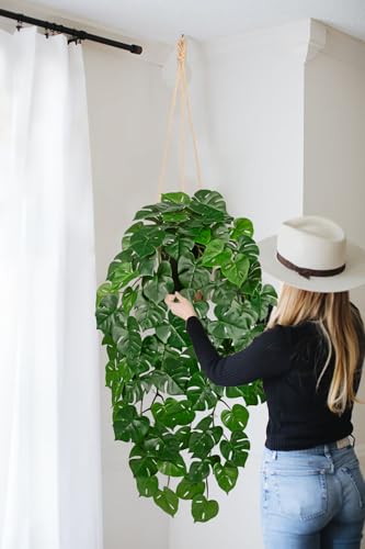 Large Fake Hanging Plants in Pot with Hook, 37" Artificial Hanging Monstera Leaves Vines Plants, Fake Potted Greenery Plant for Room Wall Living Room Bathroom Kitchen, Faux Ivy Houseplants for Shelf - color: # Monstera