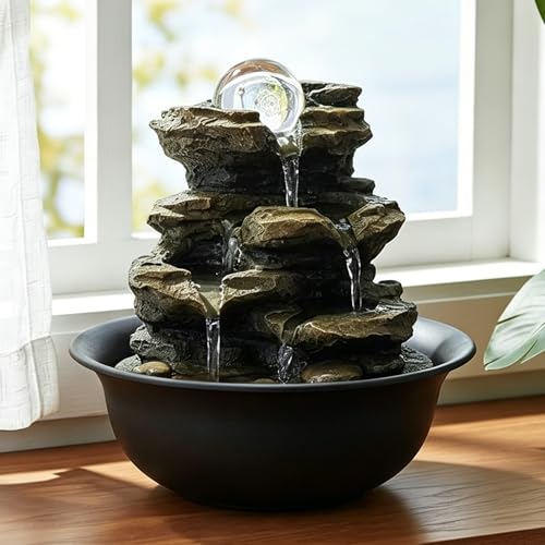 8.3” H Indoor Zen Tabletop Water Fountain, Rock Cascading Waterfall with Spinning Crystal Ball & LED Light for Home Office Decor - color: 8.3"_1
