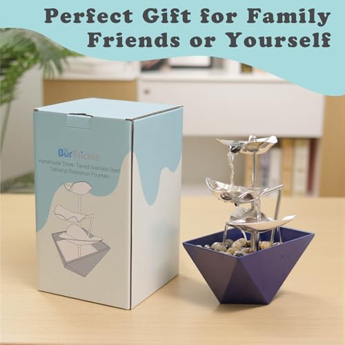 Tabletop Water Fountain Indoor - Handcrafted 3-Tier Waterfall 304 Metal | Easy "+" "-" On/Off Switch, Quiet Pump, Zen Relaxation for Office, Living Room, or Bedroom, Durable Desktop Fountain - color: Blue