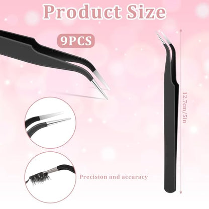 9 Pieces Craft Tweezers, Stainless Steel Curved Pointed Precision Tweezer Anti-Static Pointed Sticker Tweezers Fine Crafting Tweezer for Electronics, Soldering, Jewelry Making (Black) - color: Black