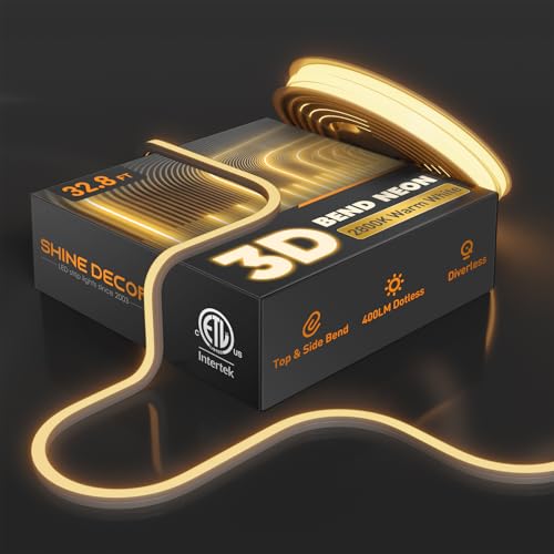 Shine Decor 3D LED Neon Rope Lights AC 120V, Top & Side Bend 400LM Dotless, Driverless IP65 Waterproof Cold-Resistant ETL Silicone Strip for Home Commercial 10x10mm, 2800K Warm White, 32.8ft - color: 2800K Warm White, size: 32.8 ft