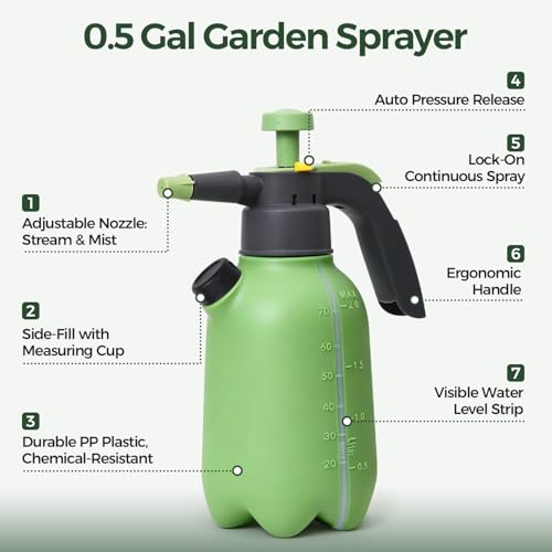 T4U Pump Sprayer 1/2 Gallon, PP Hand Pump Pressure Sprayer for Home Garden Plant Care and Household Cleaning, with Built-in Measuring Cup & Adjustable Nozzle, Suitable for Fertilizers & Common Garden - size: Short Nozzle