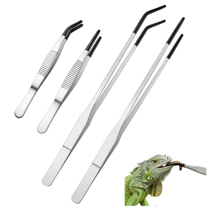 Reptile Feeding Tongs Long Tweezers,4 Pack Stainless Steel Feeding Tongs 10.6" Straight & Curved Tweezers with Soft Rubber Tip Terrarium Supplies for Aquarium Crafts Tank Accessories