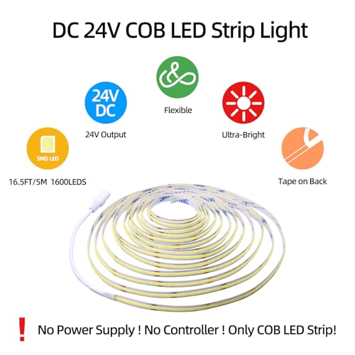 LED Strip Lights 24V Daylight White 6000K, 3 Pack (No Power Supply) | COB Super Bright, 16.4ft Dotless High Density, 14W/m 8mm Width, Cuttable Flexible for Home DIY Commercial Lighting Projects - color: White 6000K 3 Pack (Only LED Strip)
