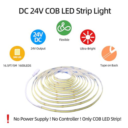 LED Strip Lights 24V Daylight White 6000K, 3 Pack (No Power Supply) | COB Super Bright, 16.4ft Dotless High Density, 14W/m 8mm Width, Cuttable Flexible for Home DIY Commercial Lighting Projects - color: White 6000K 3 Pack (Only LED Strip)