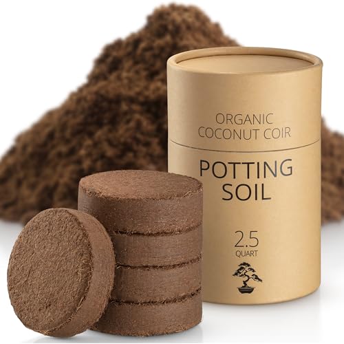 Coconut Coir Potting Soil for Indoor Plants - Expands to 2.5 Quart (5.5 lb) | Bonsai Soil Discs Perfect for General Houseplants, Herbs, and Bonsai Trees - Expands with Water - size: 2.5 Quart