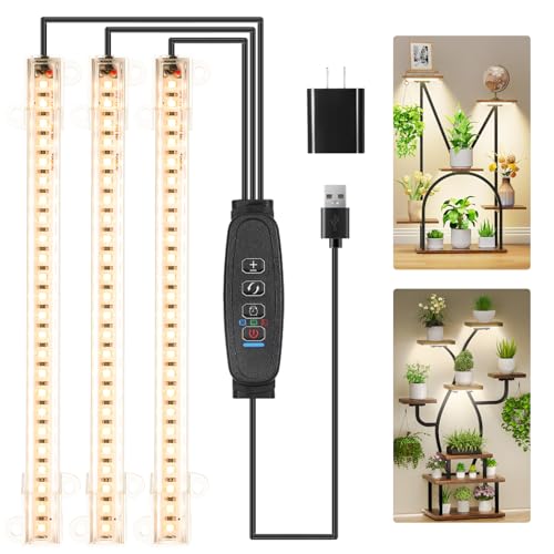 RWNTAO 3 Head 7.8 Inches LED Grow Light Strips, Grow Lamps for Indoor Plants Full Spectrum 3000K, 72 LEDs Plant Light Strips with 3/9/12H Timer, 10 Dimmable Levels for Seedling Succulent - color: Warm, size: 7.8Inch 3 Head 1 Pack