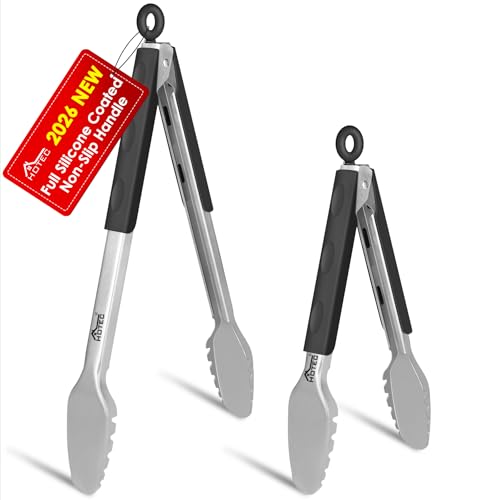Hotec Stainless Steel Kitchen Tongs, Set of 2-9" and 12", Locking Metal Food Tongs for Cooking, Serving, BBQ, Grill Non-Slip Grip - size: Toothed head: 9,12 inch