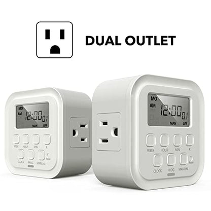 HBN 7 Day Heavy Duty Digital Timer, Dual Outlet, On/Off Programs 3-Prong Programmable Timer, Indoor, for Lamp, Light, Fan, Pets, Home, Kitchen, Office, Appliances, 125V, 15A, 1875W, 60Hz