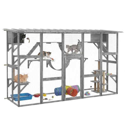 PawHut Catio Outdoor Cat Enclosure Window, Outdoor Cat House with Weather Protection Roof for Multiple Kitties, Wooden Frame, Shelves & Bridges, 118" x 37.5" x 74", Gray - color: Grey